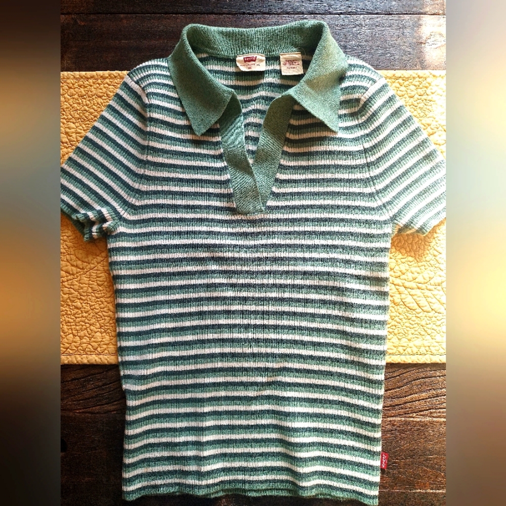 Levi's Green and White Striped Polo Shirt